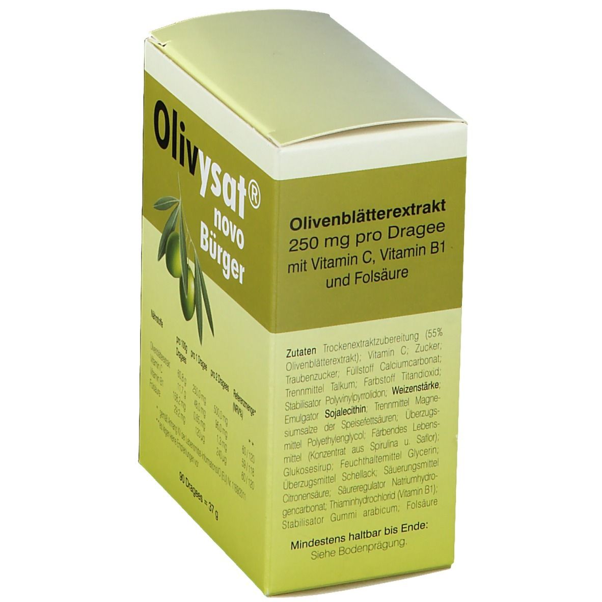 Boîte de Olivysat® novo Bürger Dragees. Vert et blanc. Extrait de feuilles d'olivier, 250 mg par dragée. Liste des ingrédients.