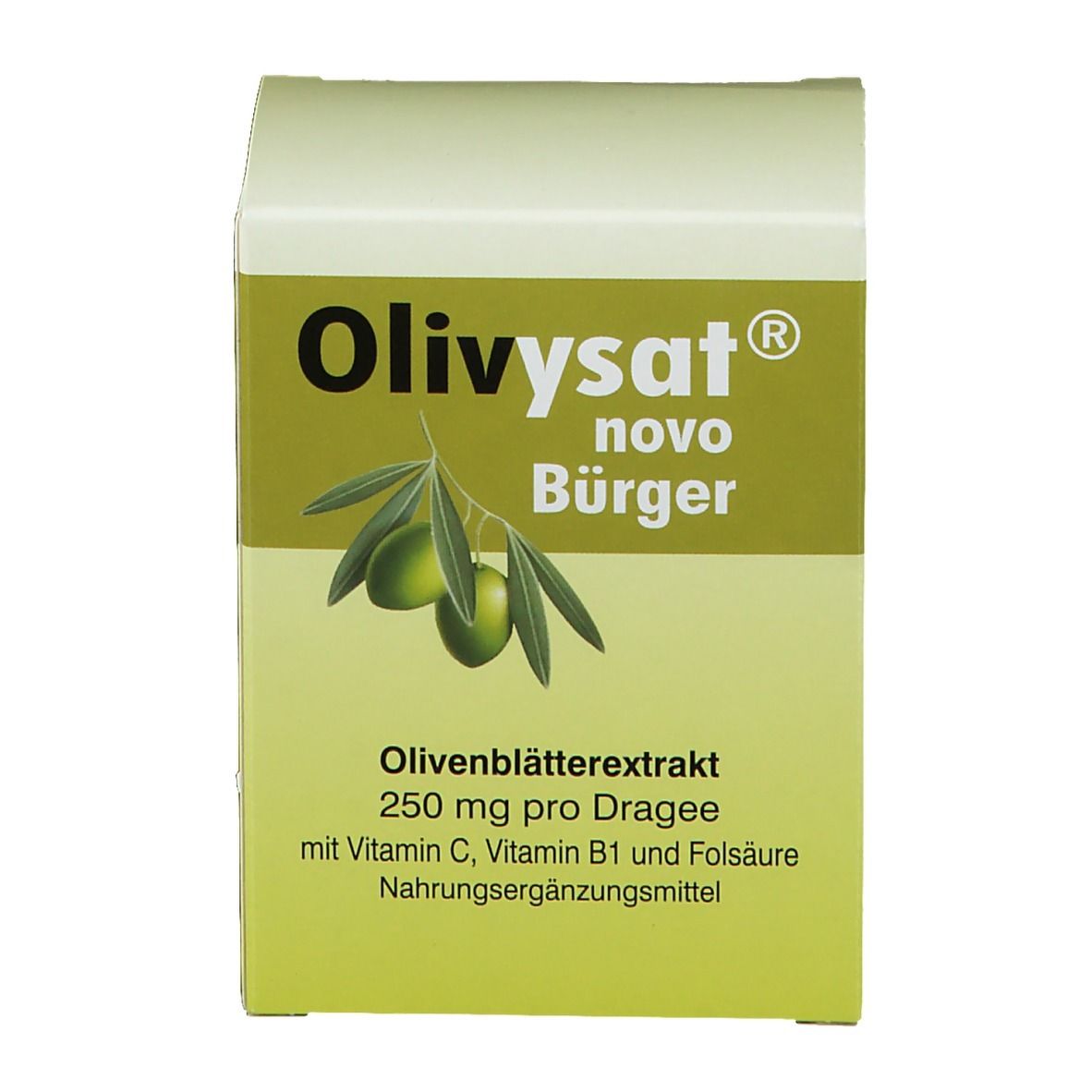 Boîte de Olivysat® novo Bürger Dragees. Vert et blanc. Extrait de feuilles d'olivier, 250 mg par dragée. Complément alimentaire.
