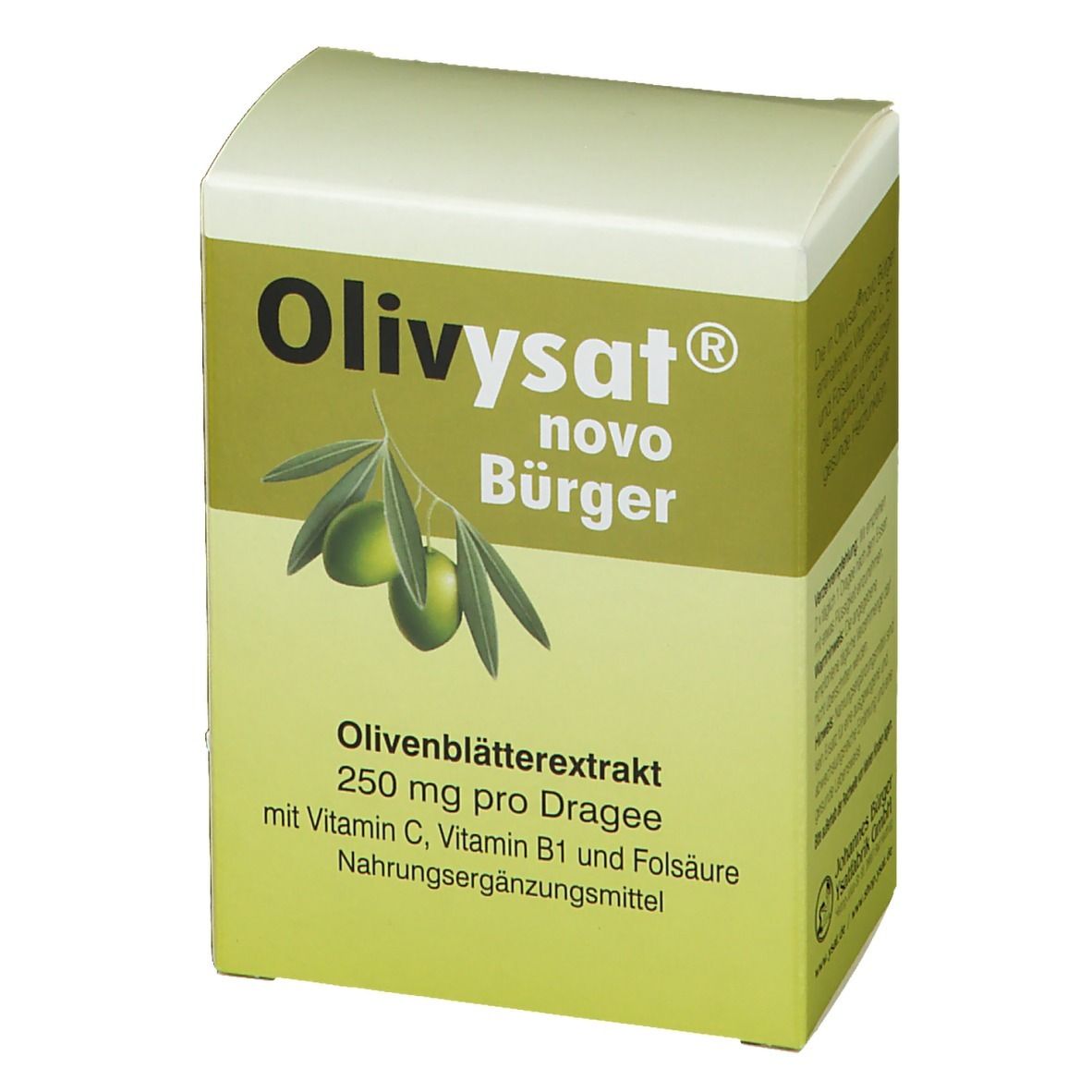 Boîte de Olivysat® novo Bürger Dragees. Vert et blanc. Extrait de feuilles d'olivier, 250 mg par dragée. Complément alimentaire.
