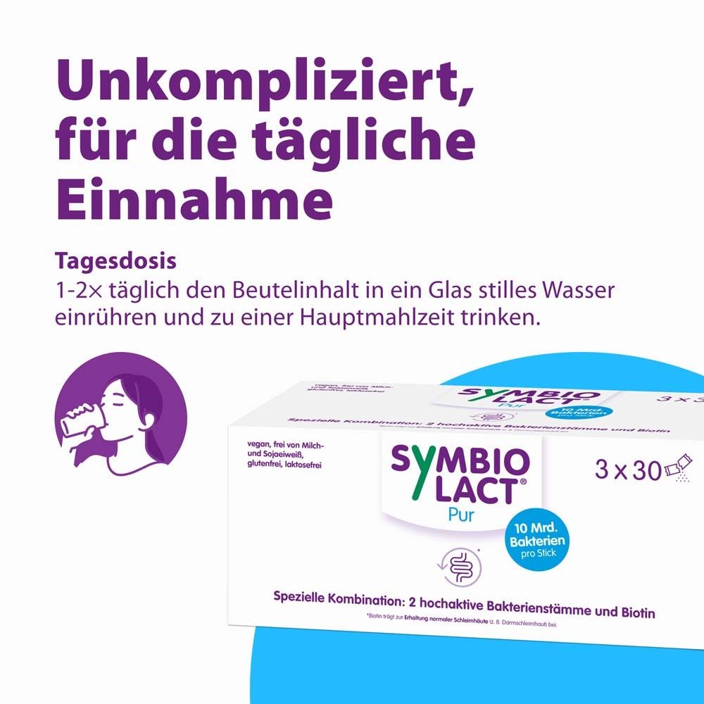 Text: Unkompliziert, für die tägliche Einnahme. Tagesdosis: 1-2x täglich den Beutelinhalt in ein Glas stilles Wasser einrühren und zu einer Hauptmahlzeit trinken. Box.