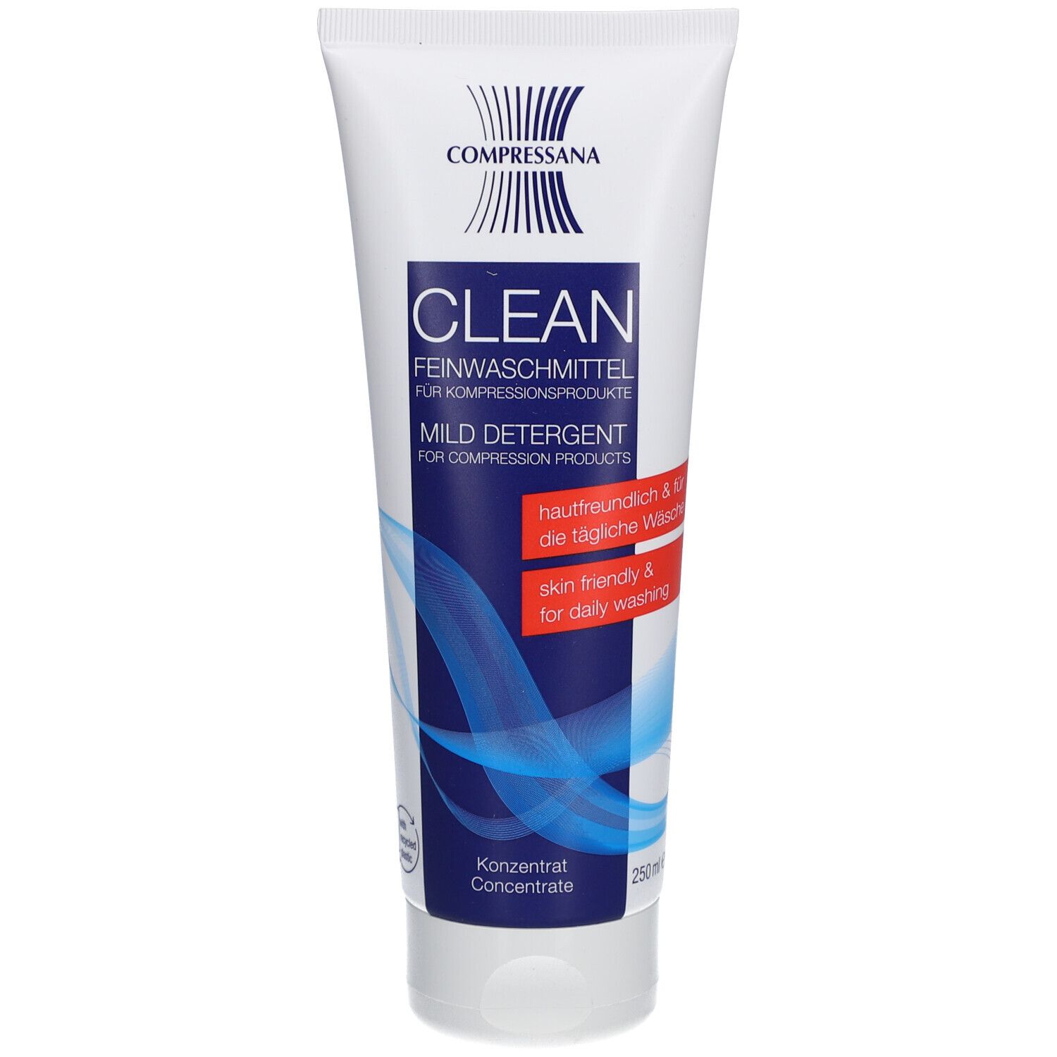 Tube blanche avec texte bleu: COMPRESSANA CLEAN, détergent doux pour produits de compression. Respectueux de la peau.