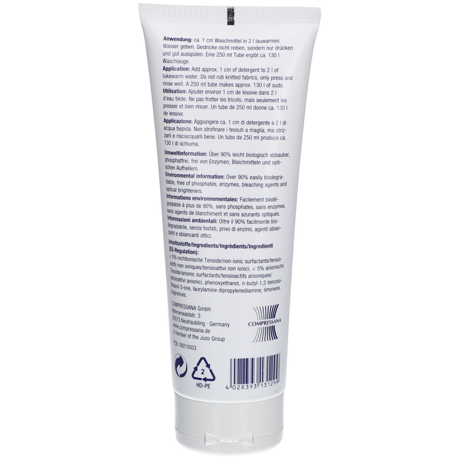 Dos du tube. Texte en allemand, anglais, français et italien. Informations sur les ingrédients et l'environnement.