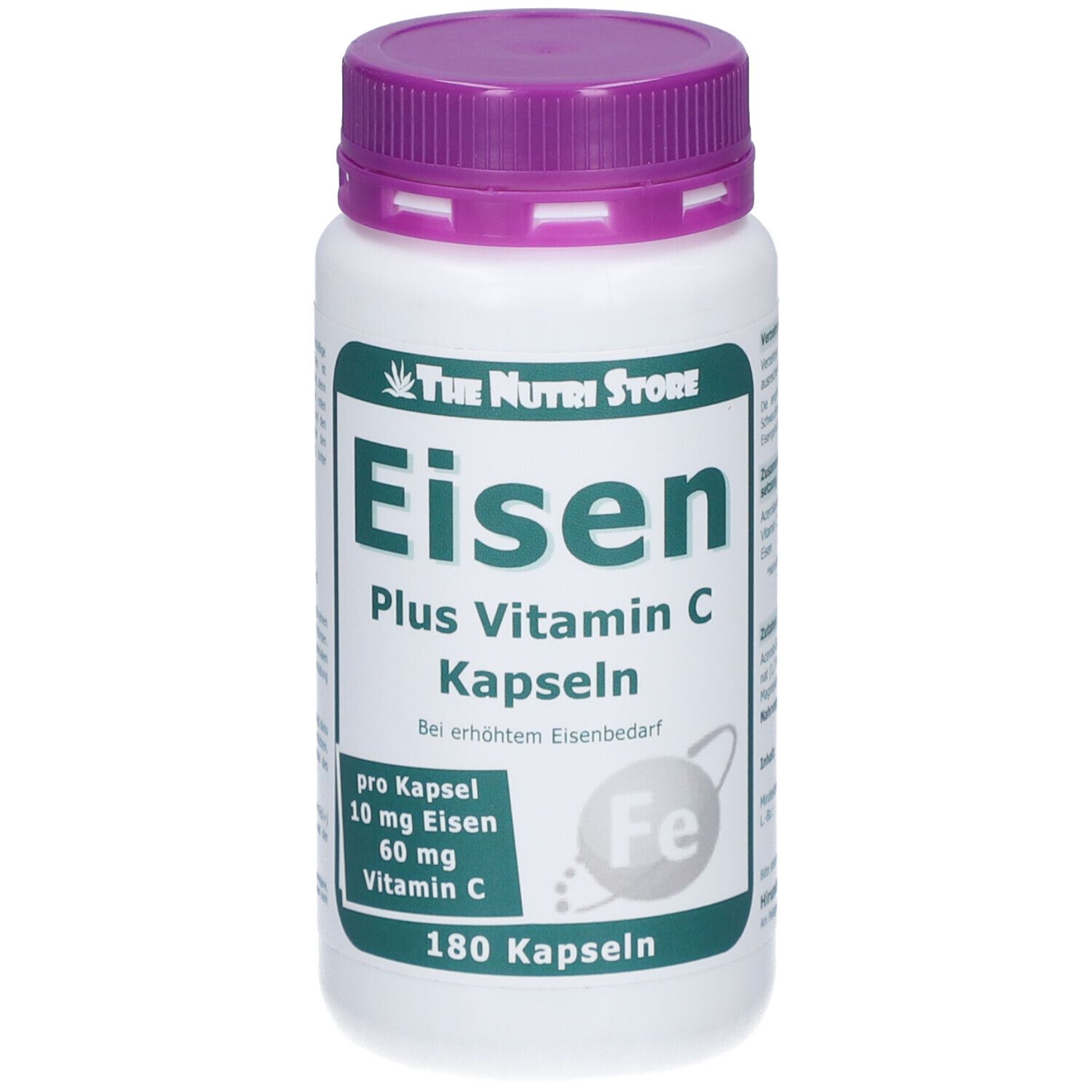 Flacon blanc, bouchon violet. Inscription: Eisen Plus Vitamine C Kapseln. Contient 180 gélules. Marque: The Nutri Store.