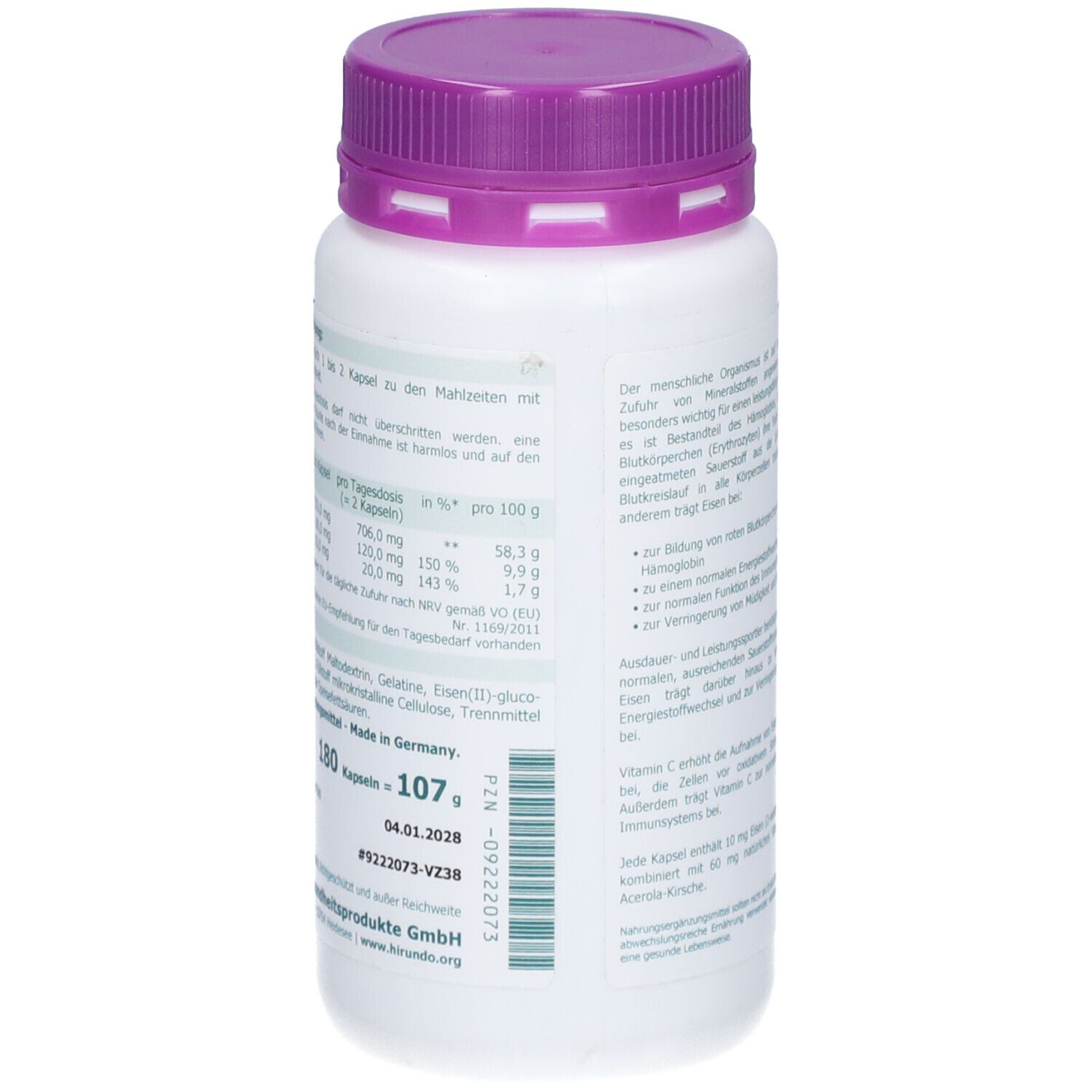 Dos du flacon blanc, bouchon violet. Contient des informations sur les valeurs nutritionnelles et les ingrédients.