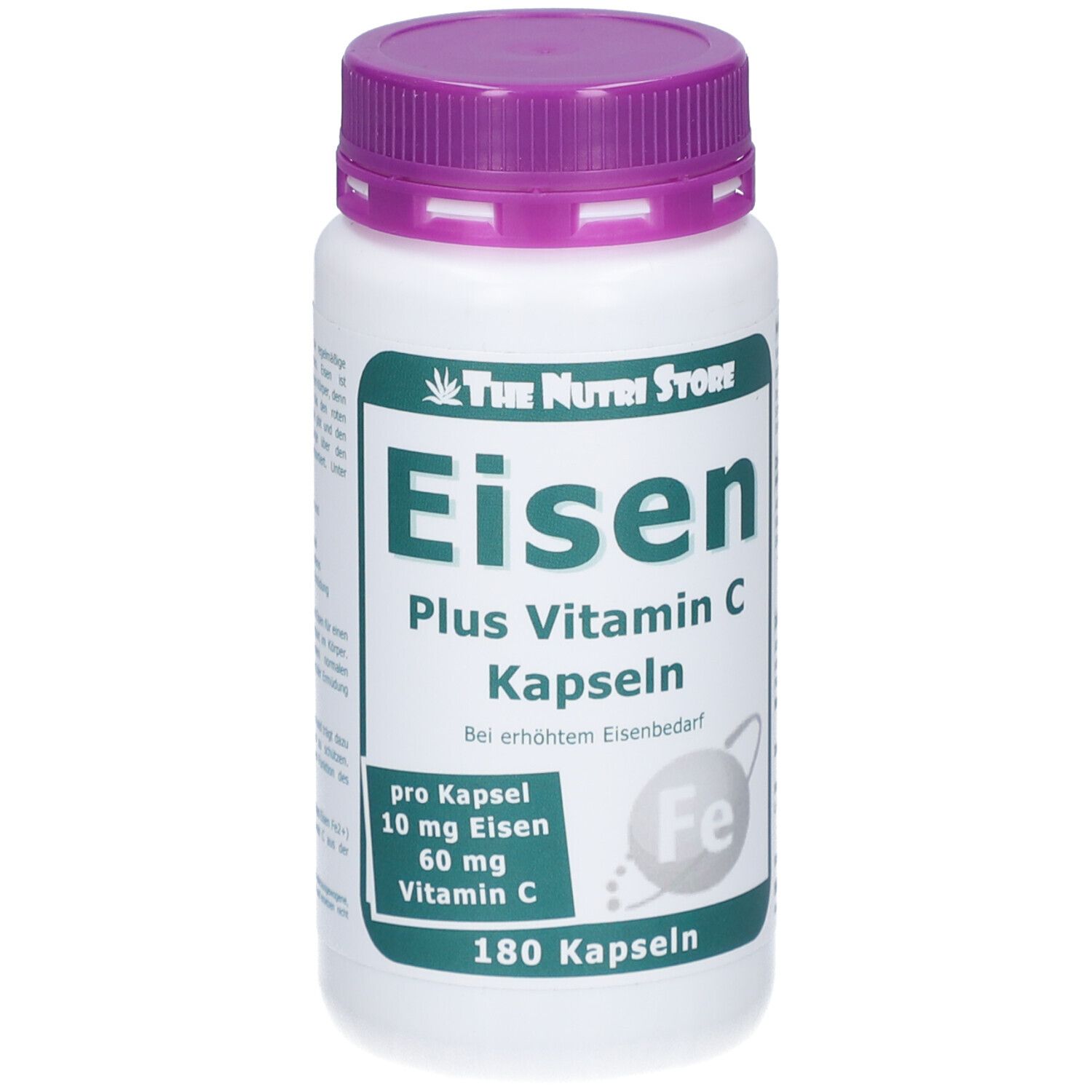 Flacon blanc, bouchon violet. Inscription: Eisen Plus Vitamine C Kapseln. Contient 180 gélules. Marque: The Nutri Store.