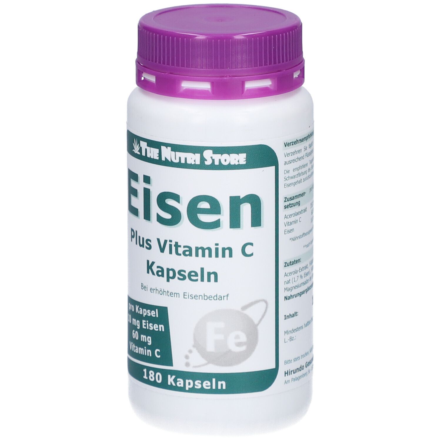 Flacon blanc, bouchon violet. Inscription: Eisen Plus Vitamine C Kapseln. Contient 180 gélules. Marque: The Nutri Store.