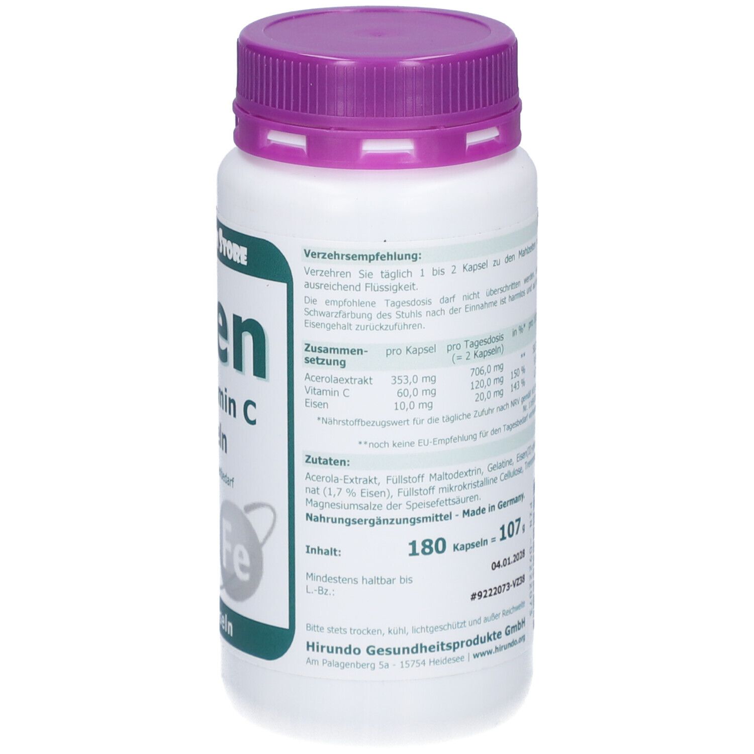 Dos du flacon blanc, bouchon violet. Contient des informations sur les valeurs nutritionnelles et les ingrédients.