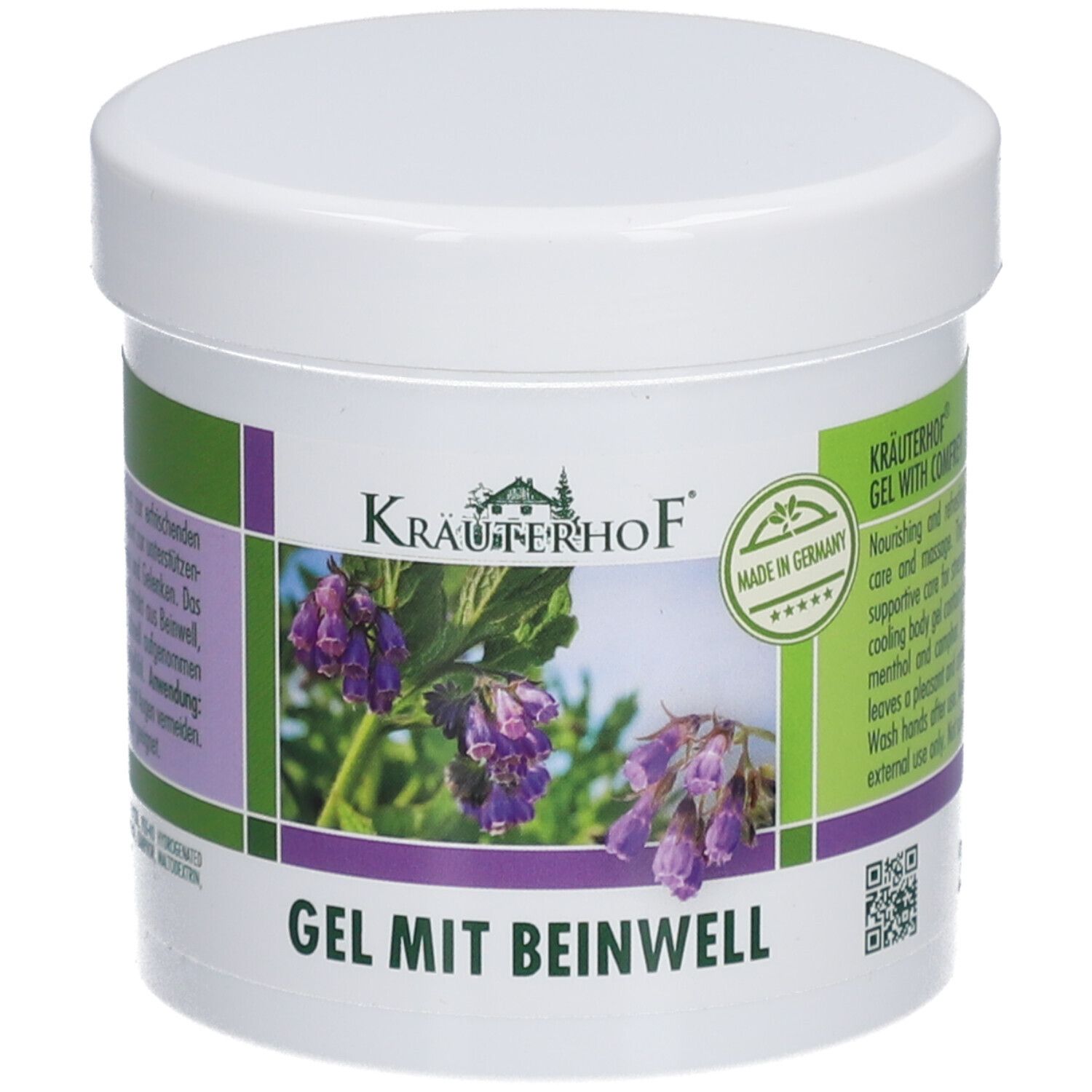 Weißer Tiegel mit Kräuterhof Gel mit Beinwell. Grün-lila Etikett mit Produktbild und Logo. "Made in Germany" Siegel.
