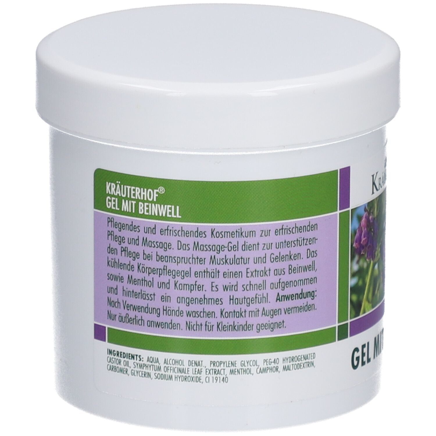 Rückseite des weißen Tiegels. Text auf grün-lila Etikett: Kräuterhof Gel mit Beinwell. Inhaltsstoffe und Anwendungshinweise.