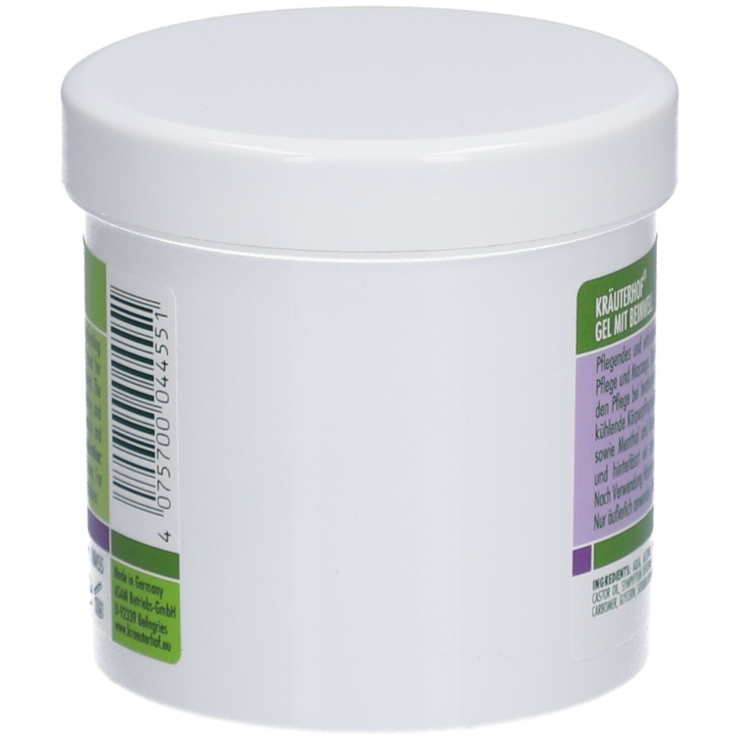 Seite des weißen Tiegels. Etikett mit Barcode und Herstellerinformationen. Grün-lila Farbschema.