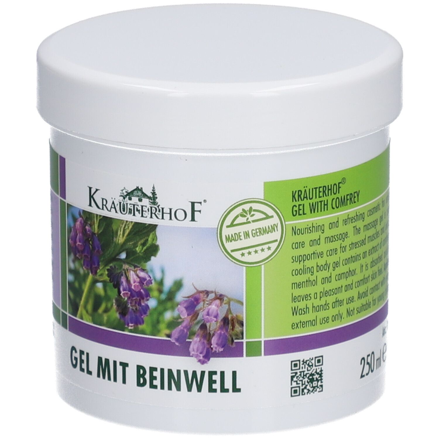 Weißer Tiegel mit Kräuterhof Gel mit Beinwell. Grün-lila Etikett mit Produktbild, Logo und Text. "Made in Germany" Siegel.