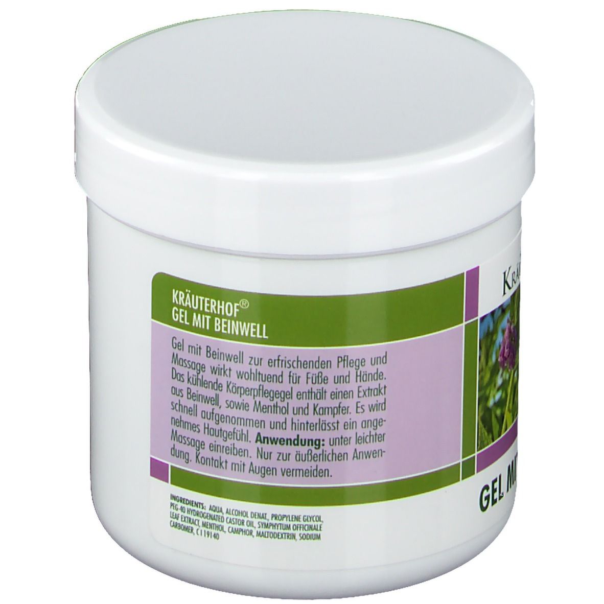 Rückseite des weißen Tiegels. Text auf grün-lila Etikett: Kräuterhof Gel mit Beinwell. Inhaltsstoffe, Anwendung, 250 ml.
