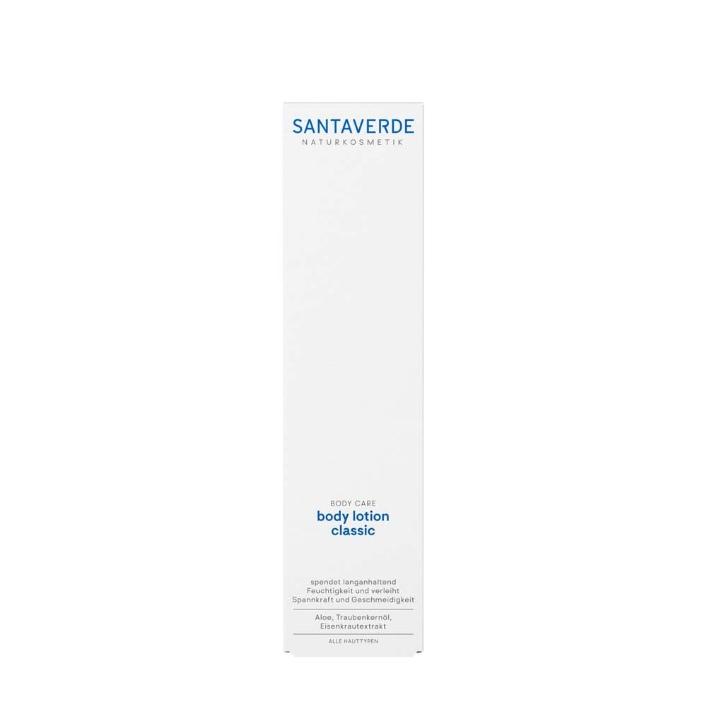 Weiße Produktverpackung mit blauem Schriftzug SANTAVERDE und Produktbezeichnung: body lotion classic.