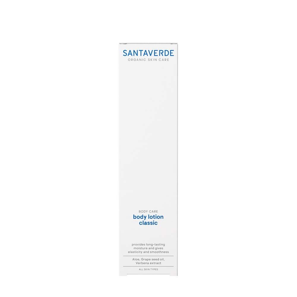 Weiße Produktverpackung mit blauem Schriftzug SANTAVERDE und Produktbezeichnung: body lotion classic.