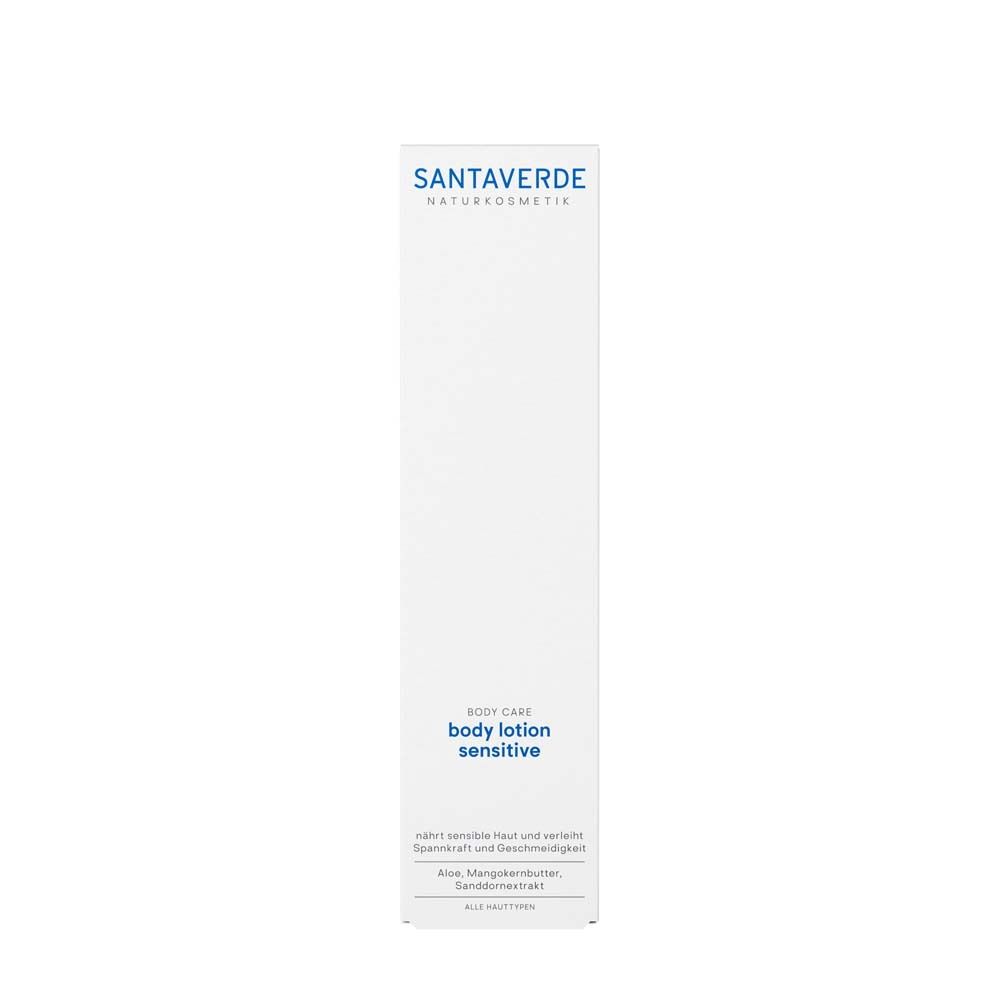 Emballage blanc SANTAVERDE body lotion sensitive. Produit pour peaux sensibles.