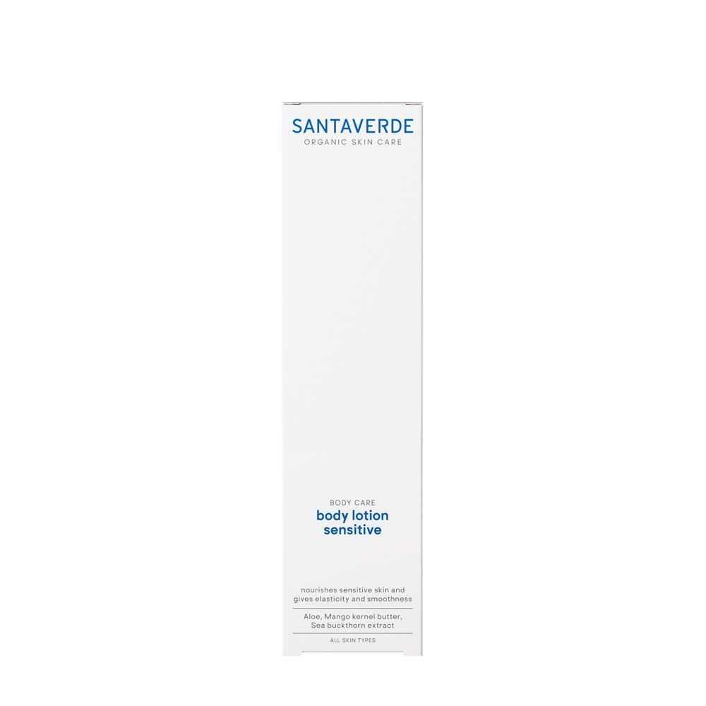 Emballage blanc SANTAVERDE organic skin care body lotion sensitive. Peaux sensibles.