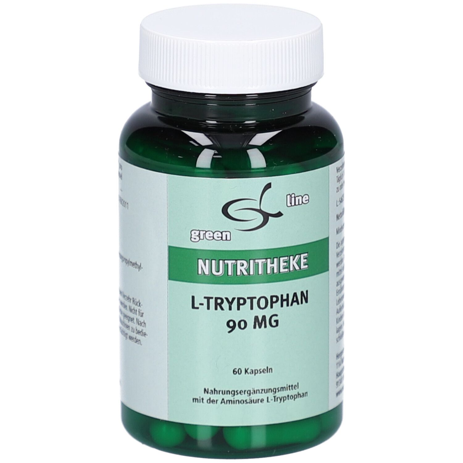 Grüne Kapseln in einer grünen Flasche mit weißem Deckel. Aufschrift: green line, Nutritheke, L-Tryptophan 90 mg.