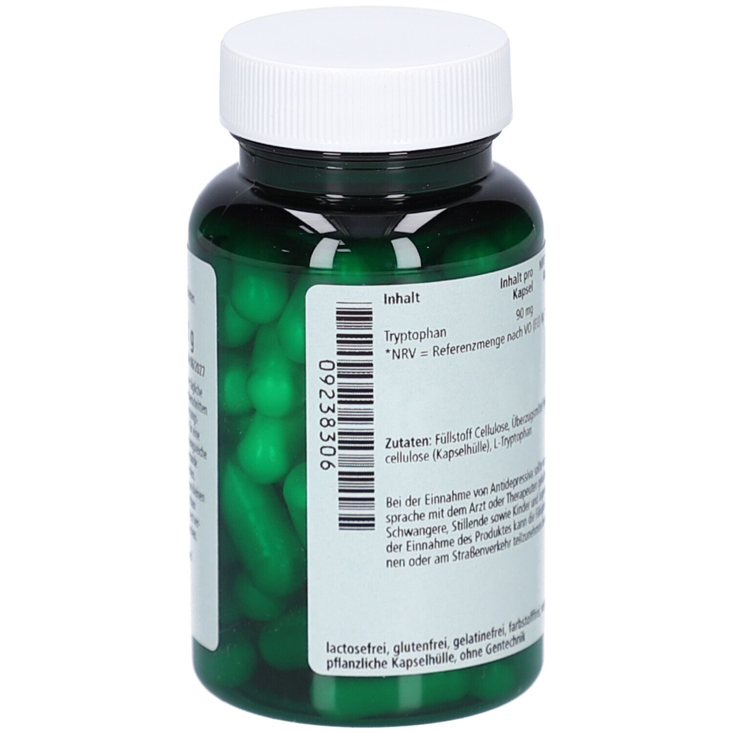 Grüne Kapseln in einer grünen Flasche. Aufkleber mit Barcode und Inhaltsangaben.