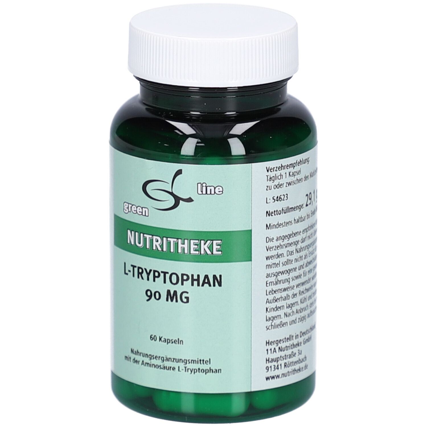 Grüne Kapseln in einer grünen Flasche mit weißem Deckel. Aufschrift: green line, Nutritheke, L-Tryptophan 90 mg.