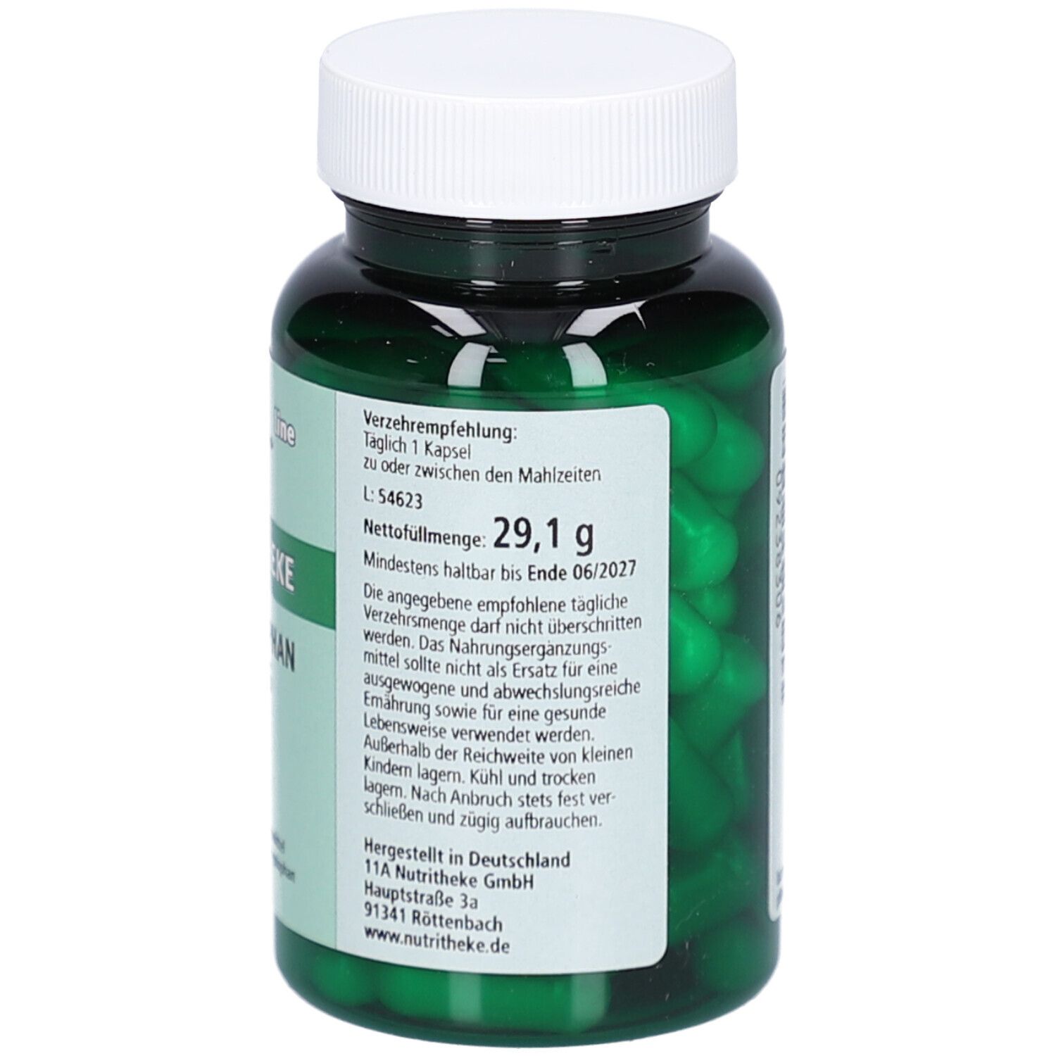 Rückseite einer grünen Flasche mit weißen Beschriftungen. Enthält Informationen zu Inhaltsstoffen und Anwendung.