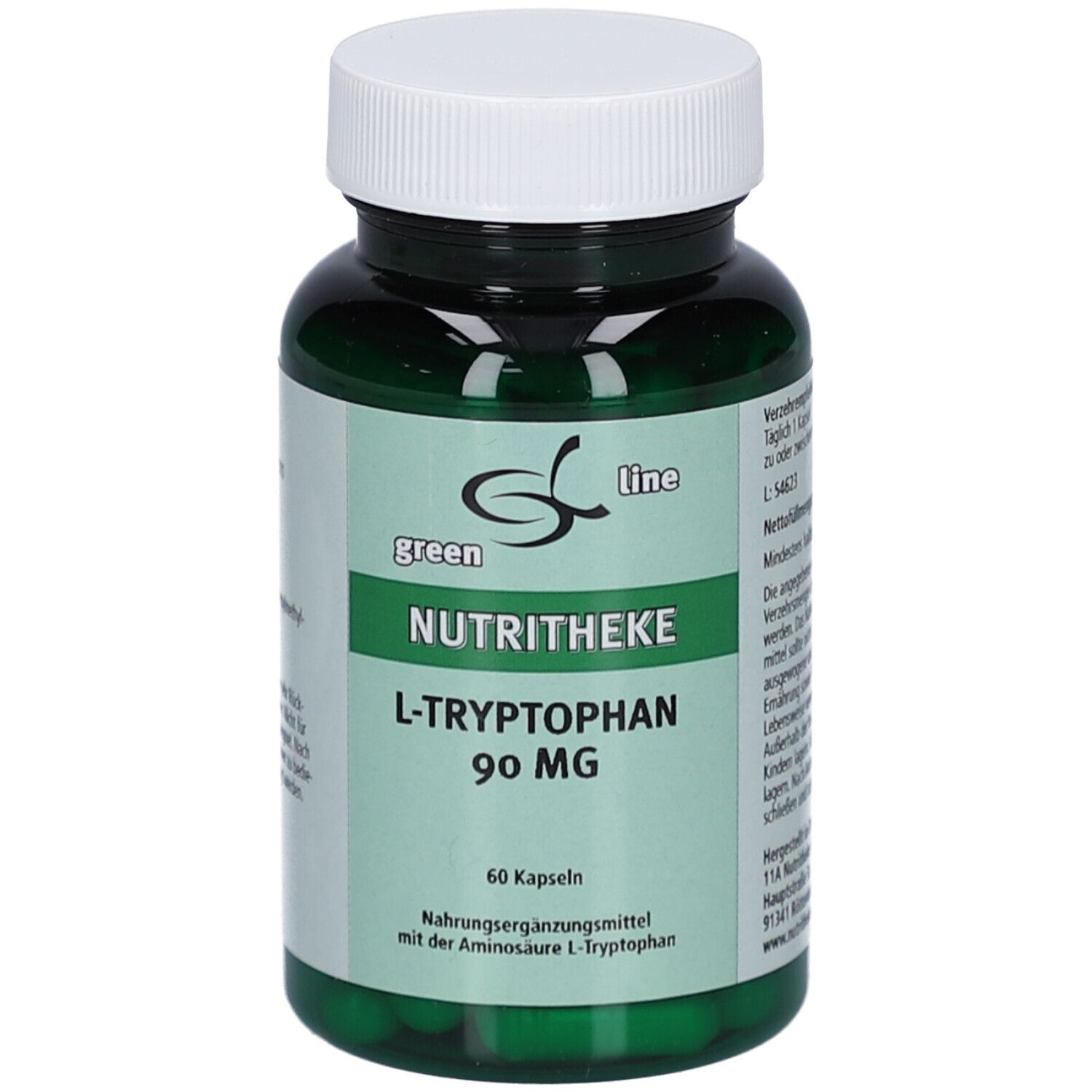 Grüne Kapseln in einer grünen Flasche mit weißem Deckel. Aufschrift: green line, Nutritheke, L-Tryptophan 90 mg.
