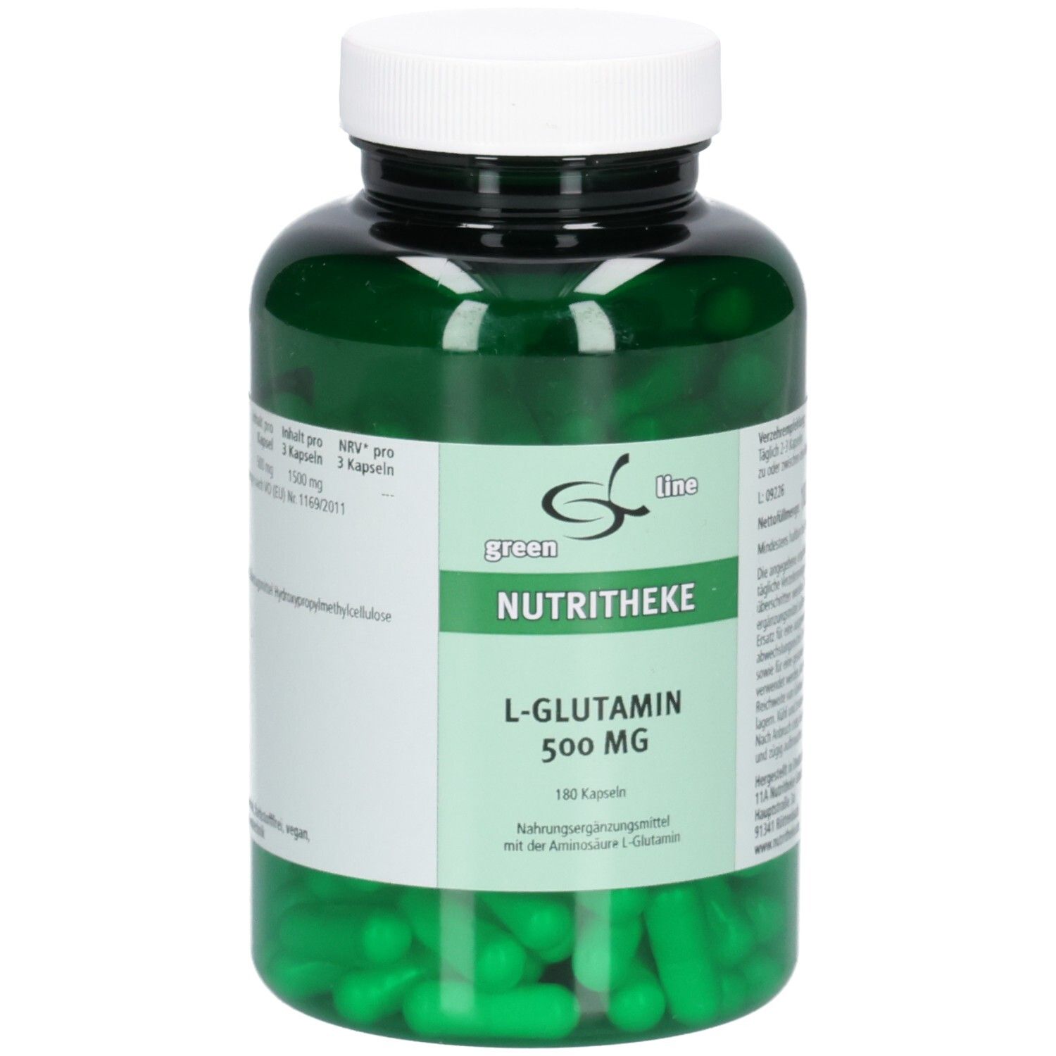 Grüne Kapseln in einer grünen Plastikflasche mit weißem Deckel. Aufschrift: green line NUTRITHEKE L-Glutamin 500 MG.