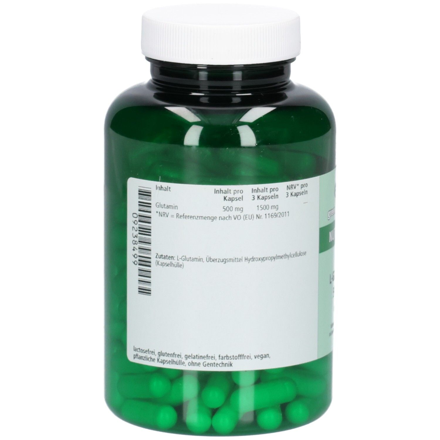 Rückseite einer grünen Plastikflasche mit weißen Etiketten. Enthält grüne Kapseln. Text: L-Glutamin, Überzugsmittel Hydroxypropylmethylcellulose.