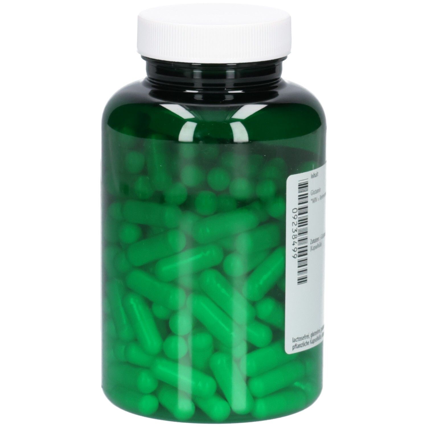 Grüne Kapseln in einer grünen Plastikflasche mit weißem Deckel. Die Flasche ist durchsichtig, so dass die Kapseln sichtbar sind.