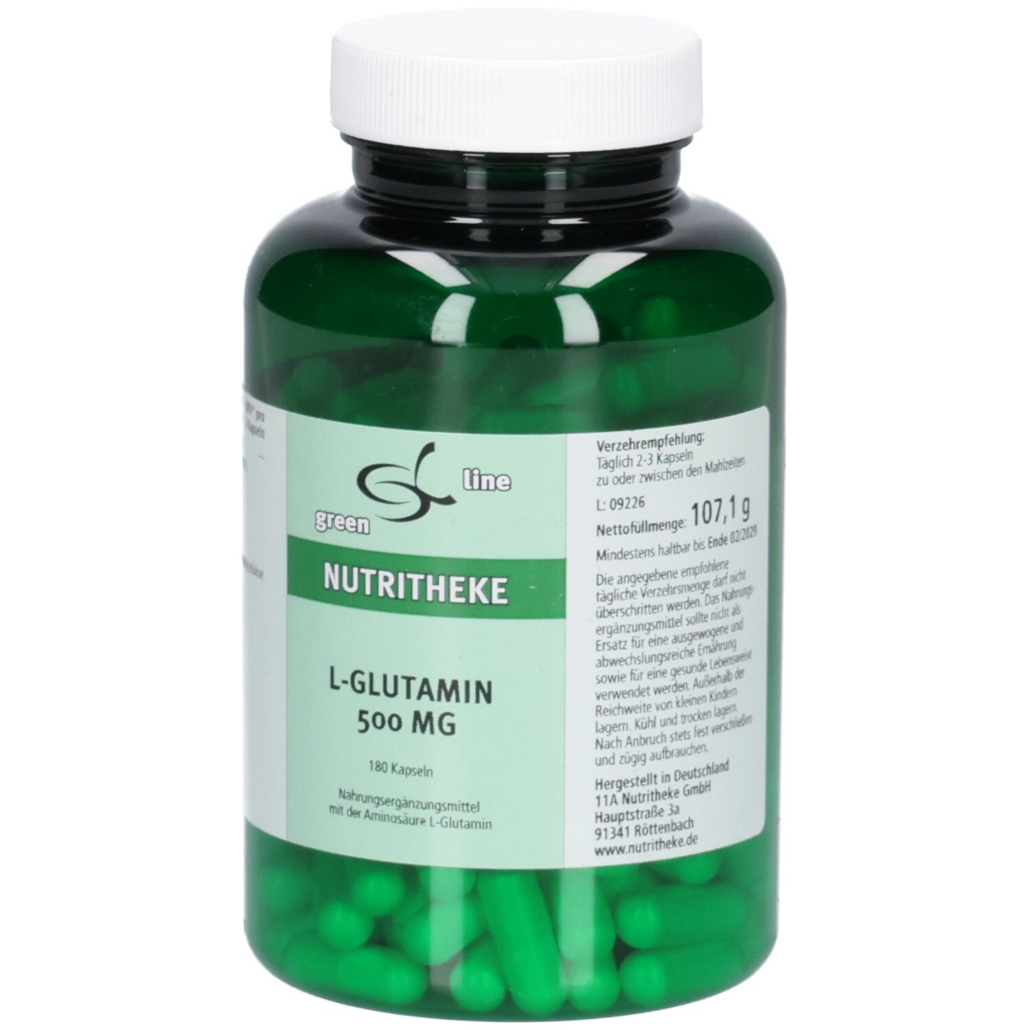 Grüne Kapseln in einer grünen Plastikflasche mit weißem Deckel. Aufschrift: green line NUTRITHEKE L-Glutamin 500 MG. Etikett mit Informationen.