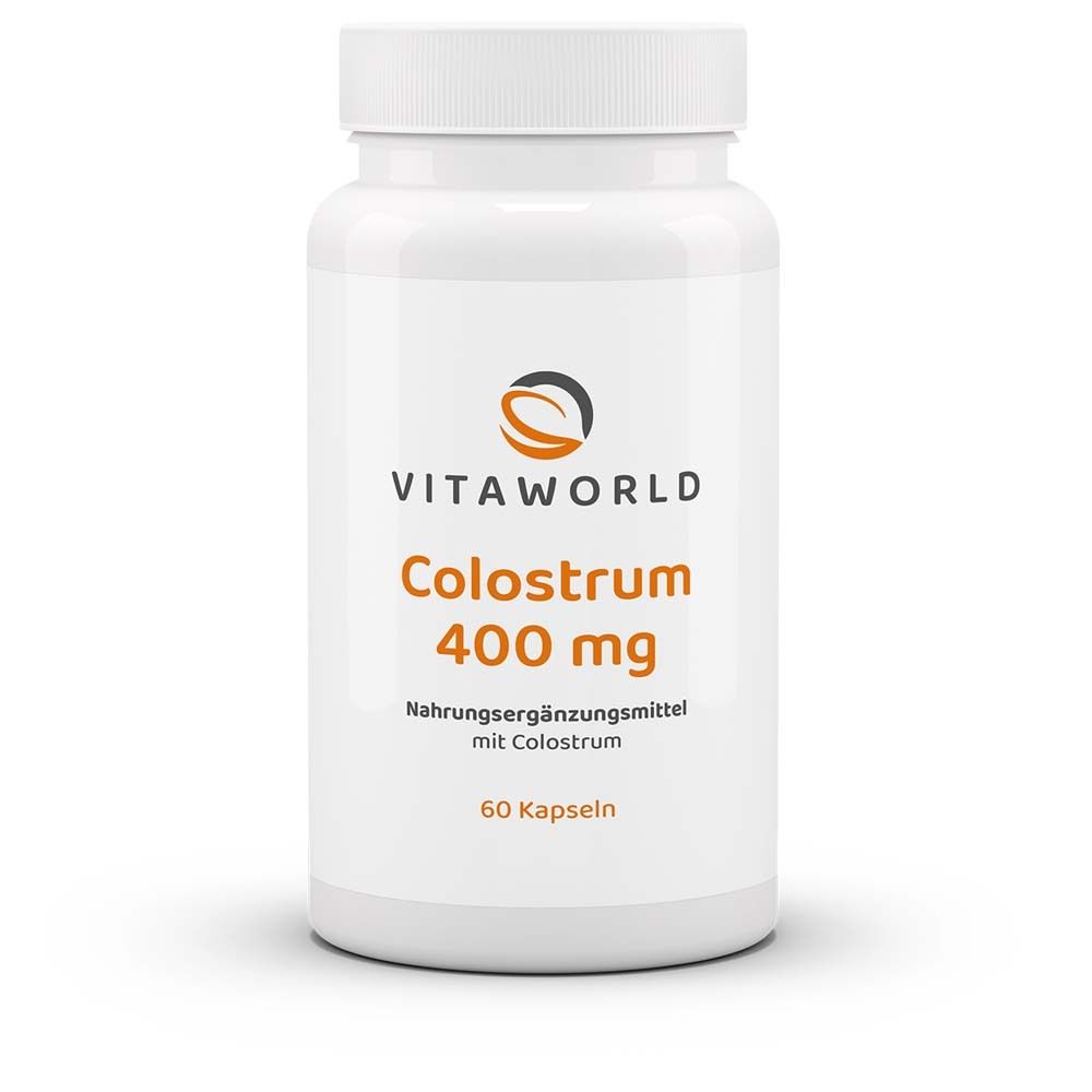 Flacon blanc avec logo orange et noir "VITAWORLD". Inscription "Colostrum 400 mg" et "60 capsules" visibles.
