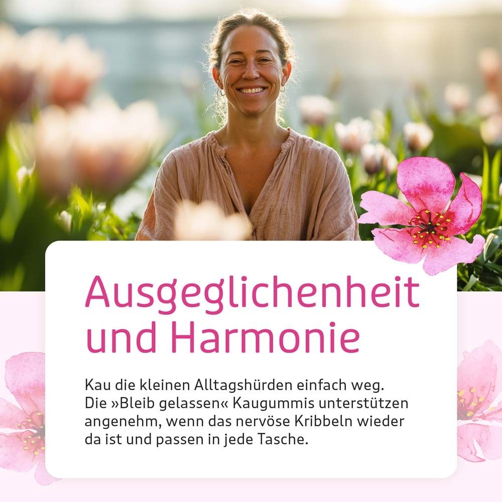 Frau lächelt. Text: Ausgeglichenheit und Harmonie. Kaugummis unterstützen, wenn das nervöse Kribbeln da ist und in jede Tasche passen.