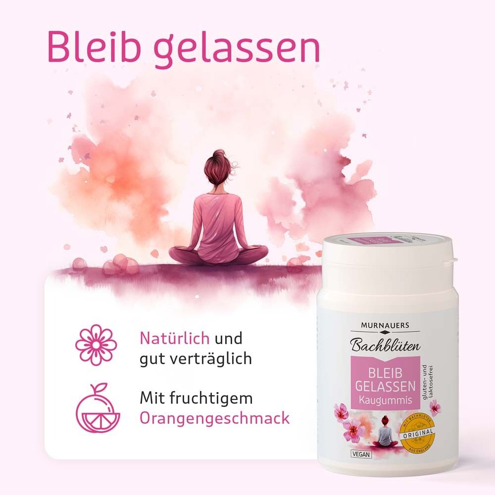 Dose mit rosa Hintergrund. Text: Bleib gelassen. Natürliche und gut verträglich. Mit fruchtigem Orangengeschmack. Vegan.