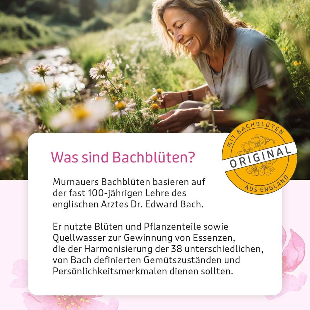 Frau im Grünen. Text: Was sind Bachblüten? Murnauers Bachblüten basieren auf der Lehre des englischen Arztes Dr. Edward Bach. Original.