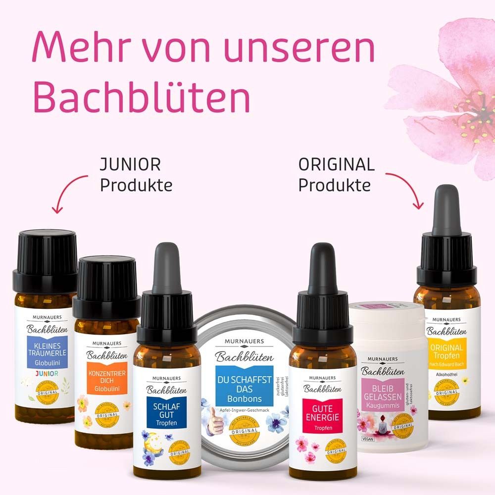 Verschiedene Flaschen und eine Dose. Text: Mehr von unseren Bachblüten. Junior Produkte und Original Produkte.