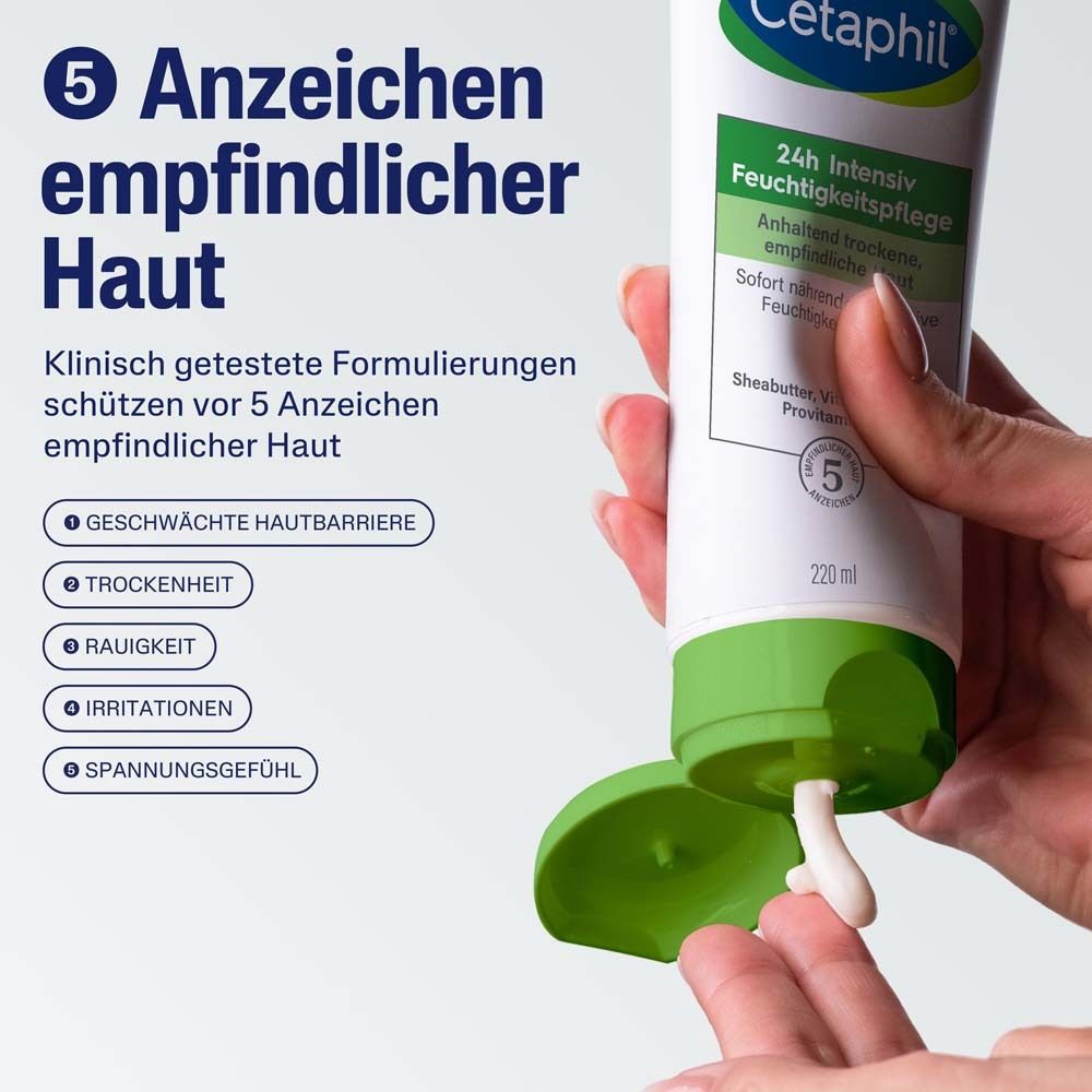 Creme-Tube mit Text: 5 Anzeichen empfindlicher Haut. Geschwächte Hautbarriere, Trockenheit, Rauigkeit, Irritationen.