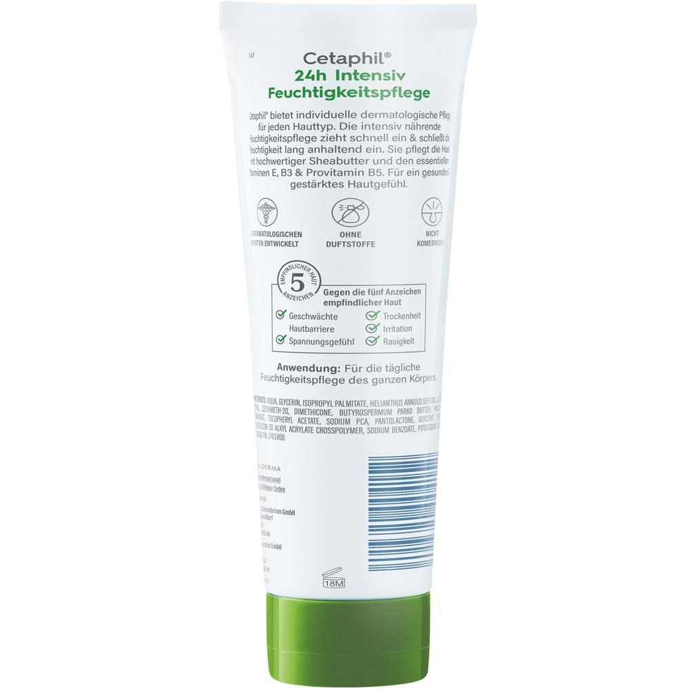 Rückseite der Creme-Tube. Text: Cetaphil 24h Intensiv Feuchtigkeitspflege. Inhaltsstoffe und Anwendung.