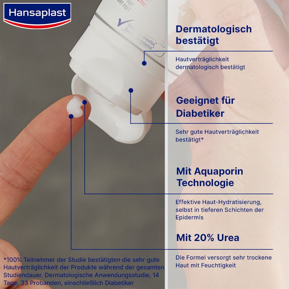 Gros plan d'un tube. Texte : Testé dermatologiquement, Convient aux diabétiques, Avec la technologie Aquaporin, Avec 20% d'urée. Logo Hansaplast.