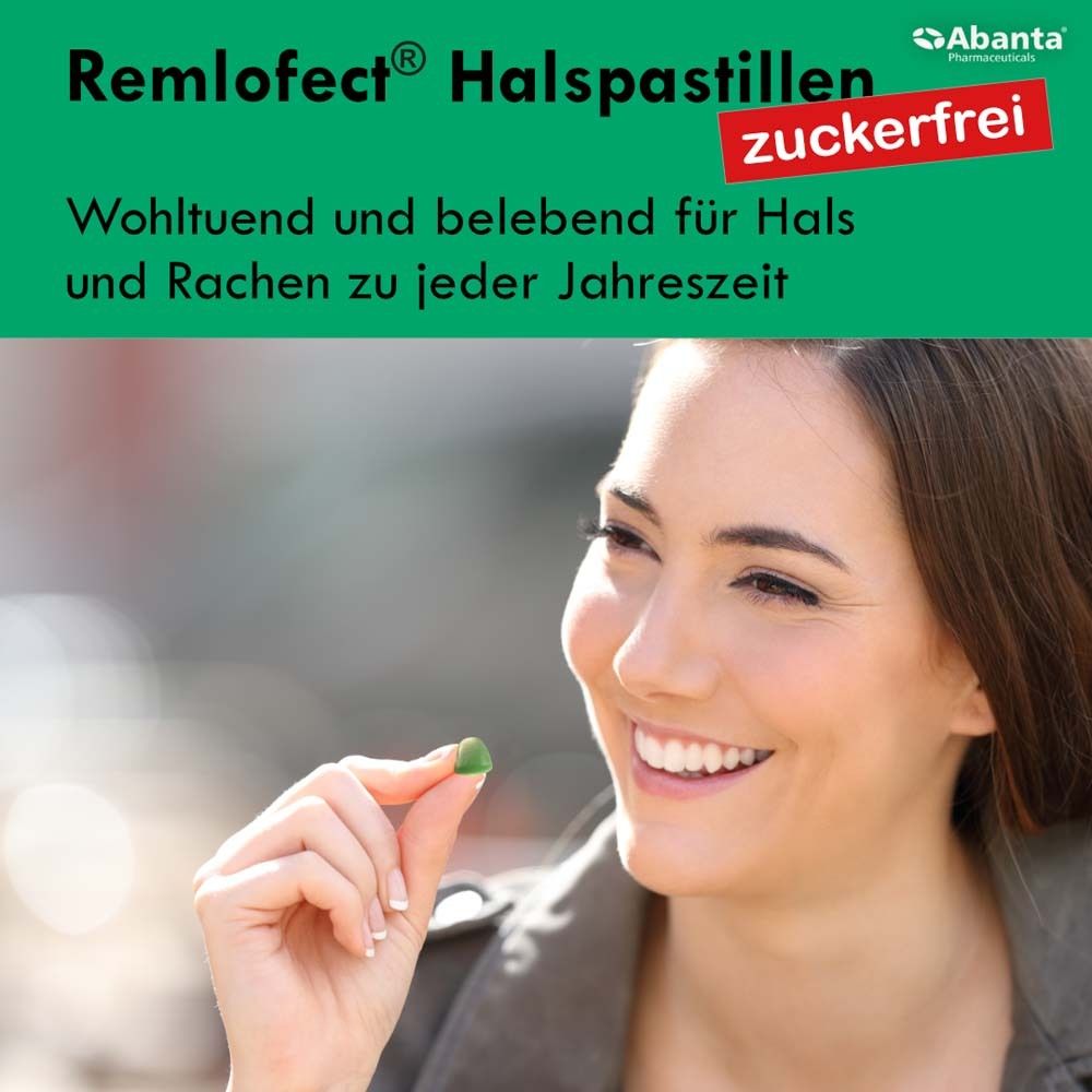 Femme tenant une pastille verte. Texte: REMLOFECT® Halspastillen sans sucre. Apaisant et revigorant pour la gorge.