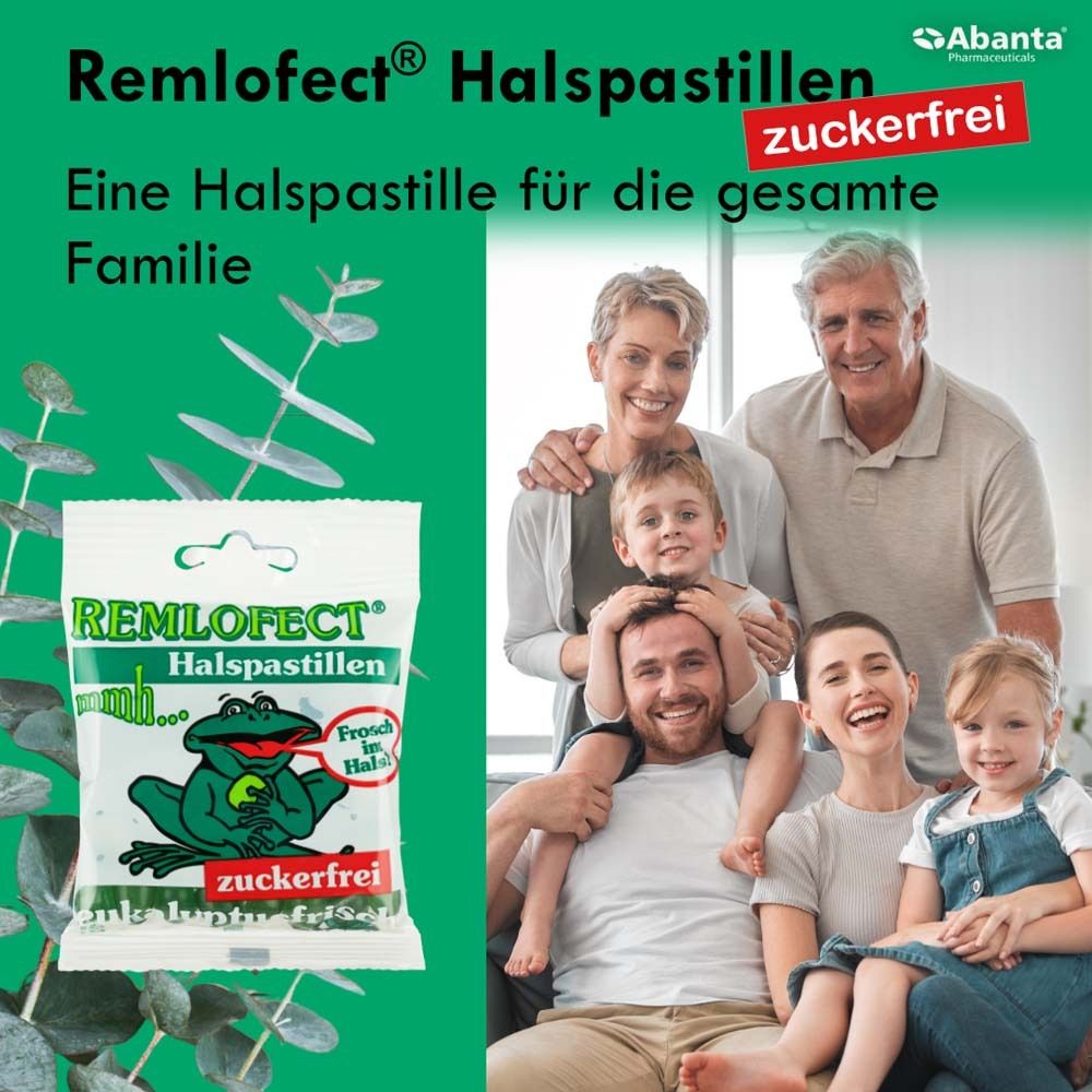 Famille avec sachet de REMLOFECT® Halspastillen sans sucre. Texte: Une pastille pour toute la famille.