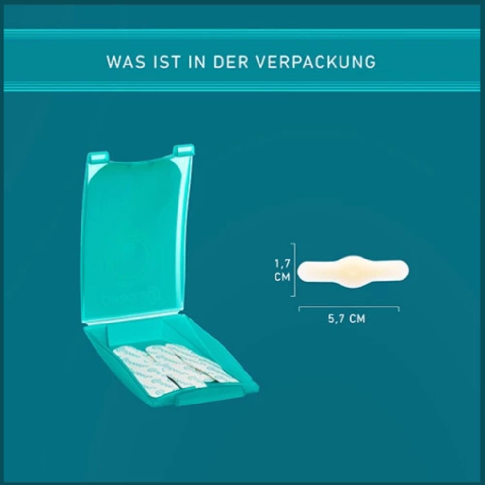 Emballage Compeed® Hühneraugenpflaster Medium ouvert. Montre les pansements et les dimensions: 1,7 cm x 5,7 cm.