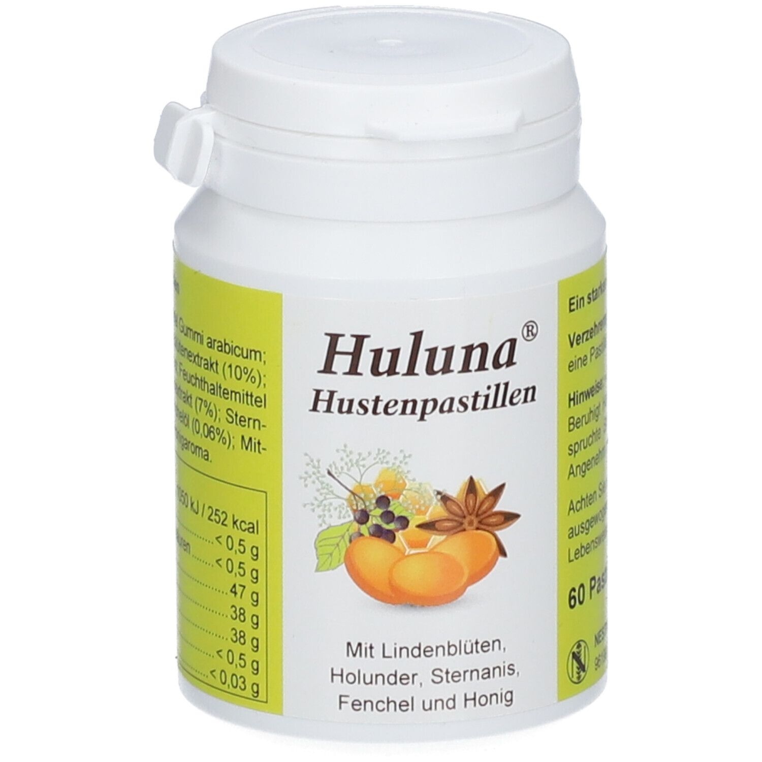 Weiße Dose Huluna Hustenpastillen mit Abbildung von Früchten und Sternanis. Enthält 60 Pastillen.
