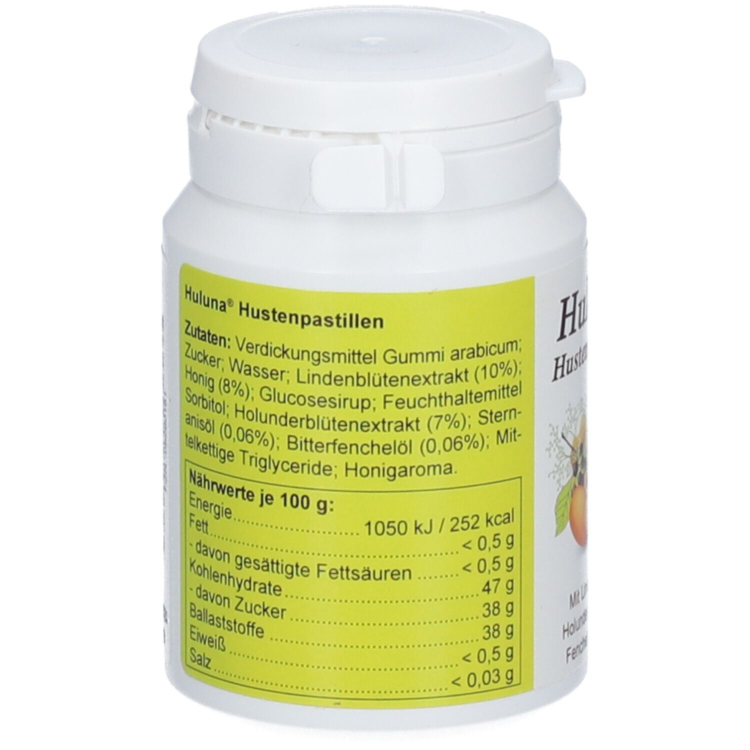 Rückseite der Dose Huluna Hustenpastillen mit Zutatenliste und Nährwertangaben.