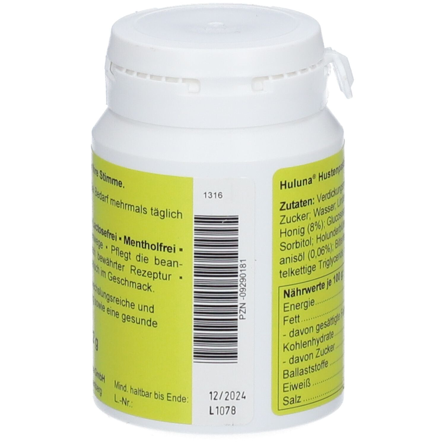 Seitenansicht der Dose Huluna Hustenpastillen mit Barcode und Haltbarkeitsdatum.