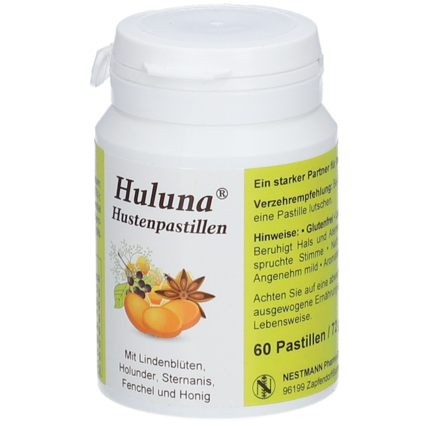 Vorderseite der Dose Huluna Hustenpastillen mit Produktbezeichnung und Anwendungshinweisen.