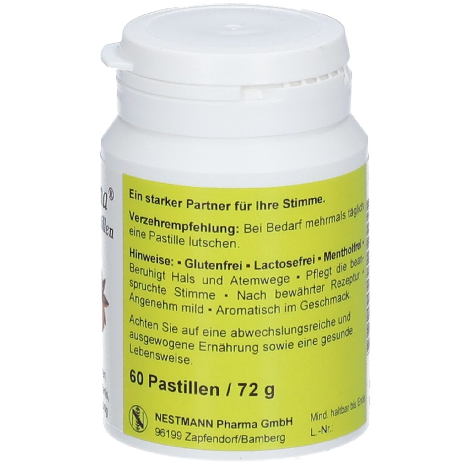 Dose Huluna Hustenpastillen mit Hinweisen zu Gluten-, Laktose- und Mentholfreiheit.