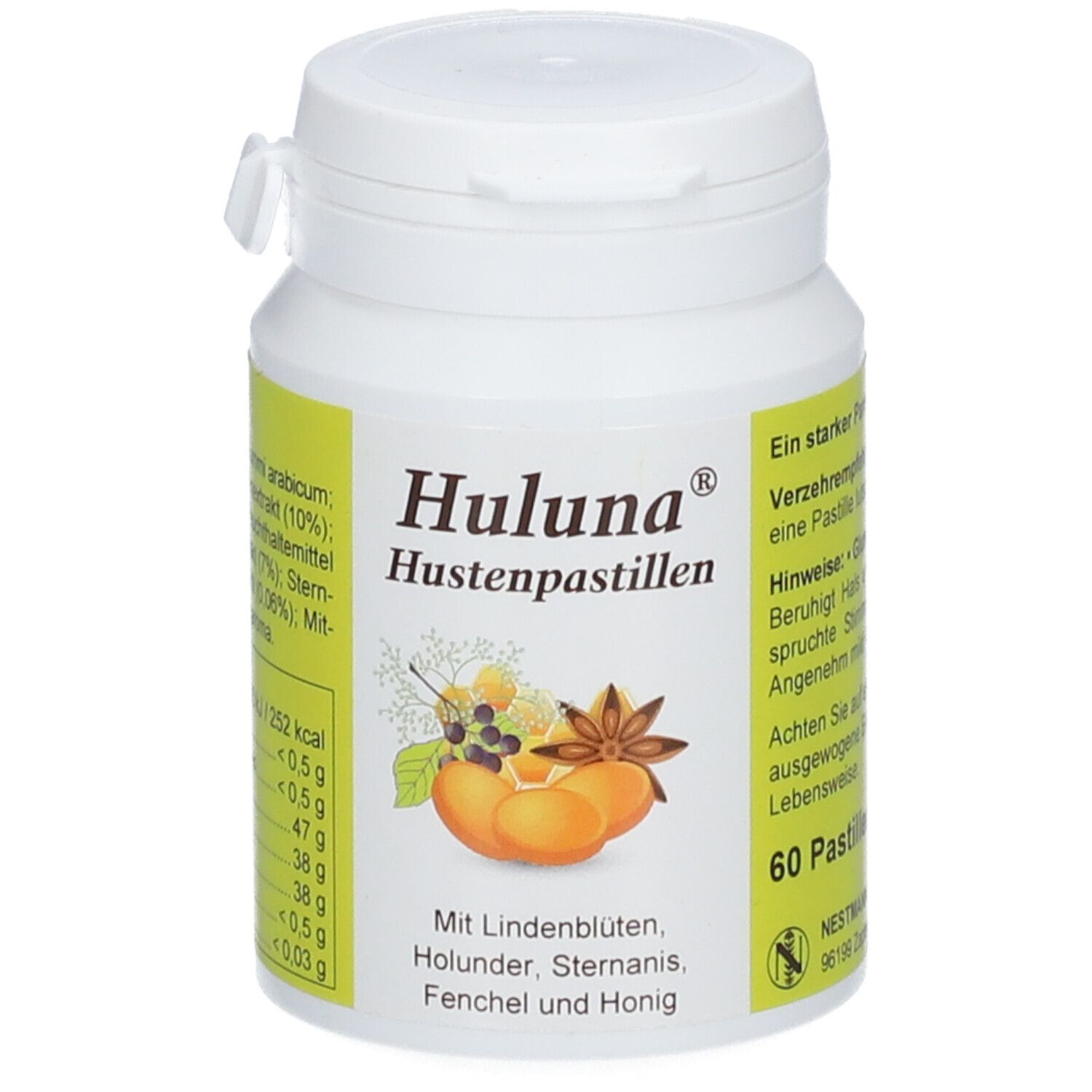 Vorderansicht der Dose Huluna Hustenpastillen, 60 Stück, mit Abbildung von Lindenblüten.