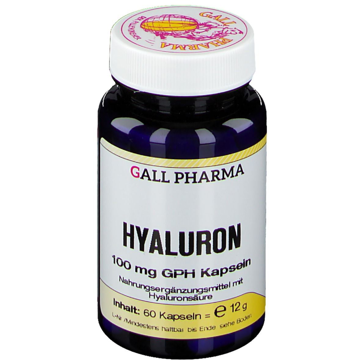 Flacon bleu foncé avec couvercle blanc. Inscription : GALL PHARMA, HYALURON 100 mg GPH Kapseln. Contenu : 60 gélules.