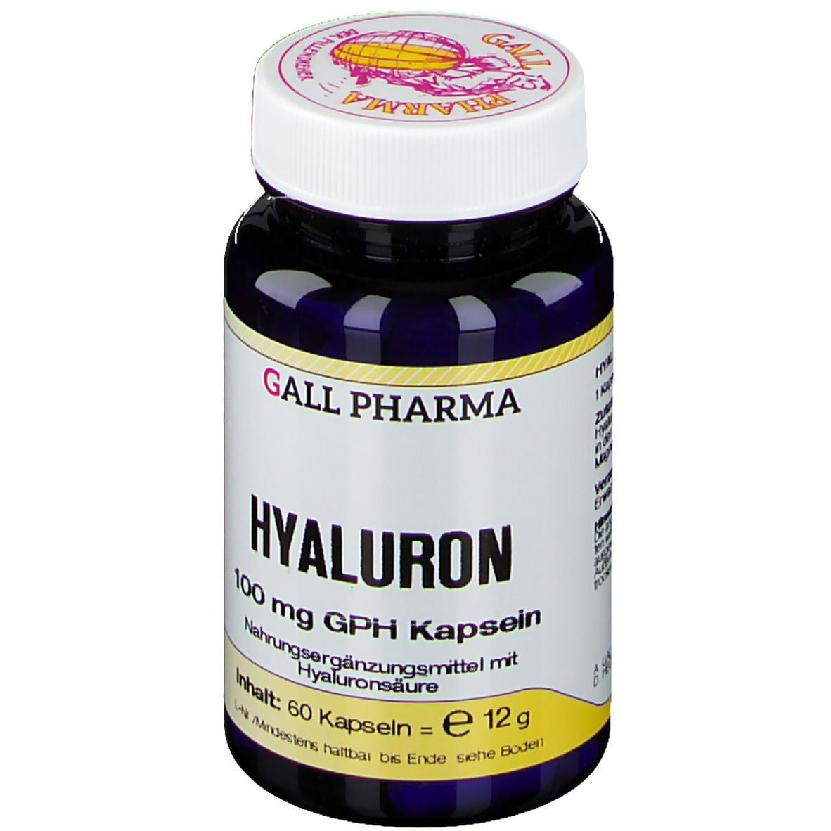 Flacon bleu foncé avec couvercle blanc. Inscription : GALL PHARMA, HYALURON 100 mg GPH Kapseln. Contenu : 60 gélules.