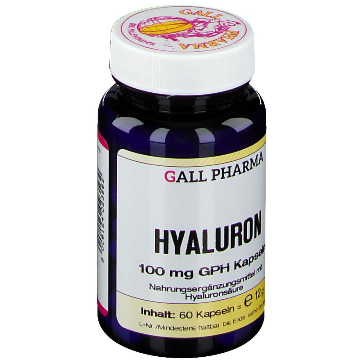 Flacon bleu foncé avec couvercle blanc. Inscription : GALL PHARMA, HYALURON 100 mg GPH Kapseln. Contenu : 60 gélules.