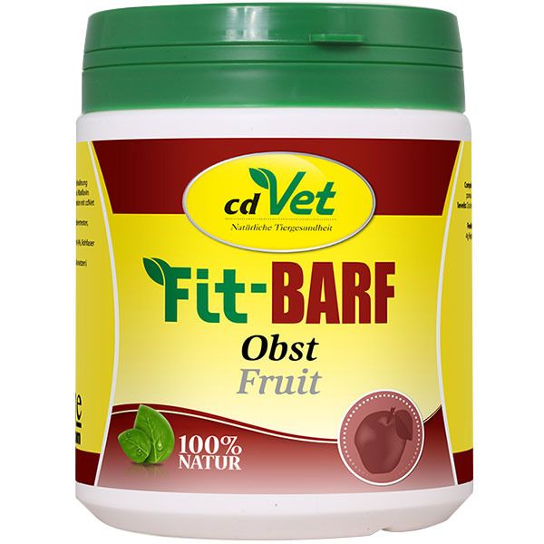 Récipient à couvercle vert. Inscription : cd Vet, Fit-BARF Obst, 100% Natur. Illustration d'une pomme et de feuilles.